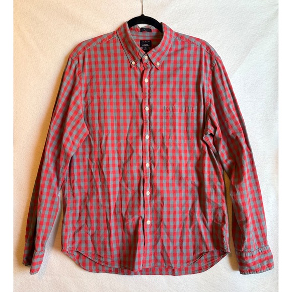 J.Crew Other - J Crew Flex Washed Slim Fit Plaid Button Down Shirt Mens XL Red Gray Long Sleeve